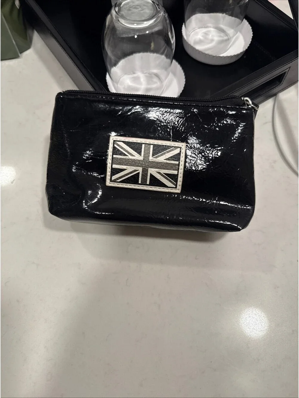 Twiggy London Union Jack Black Patent Vinyl Cosmetic Makeup Bag